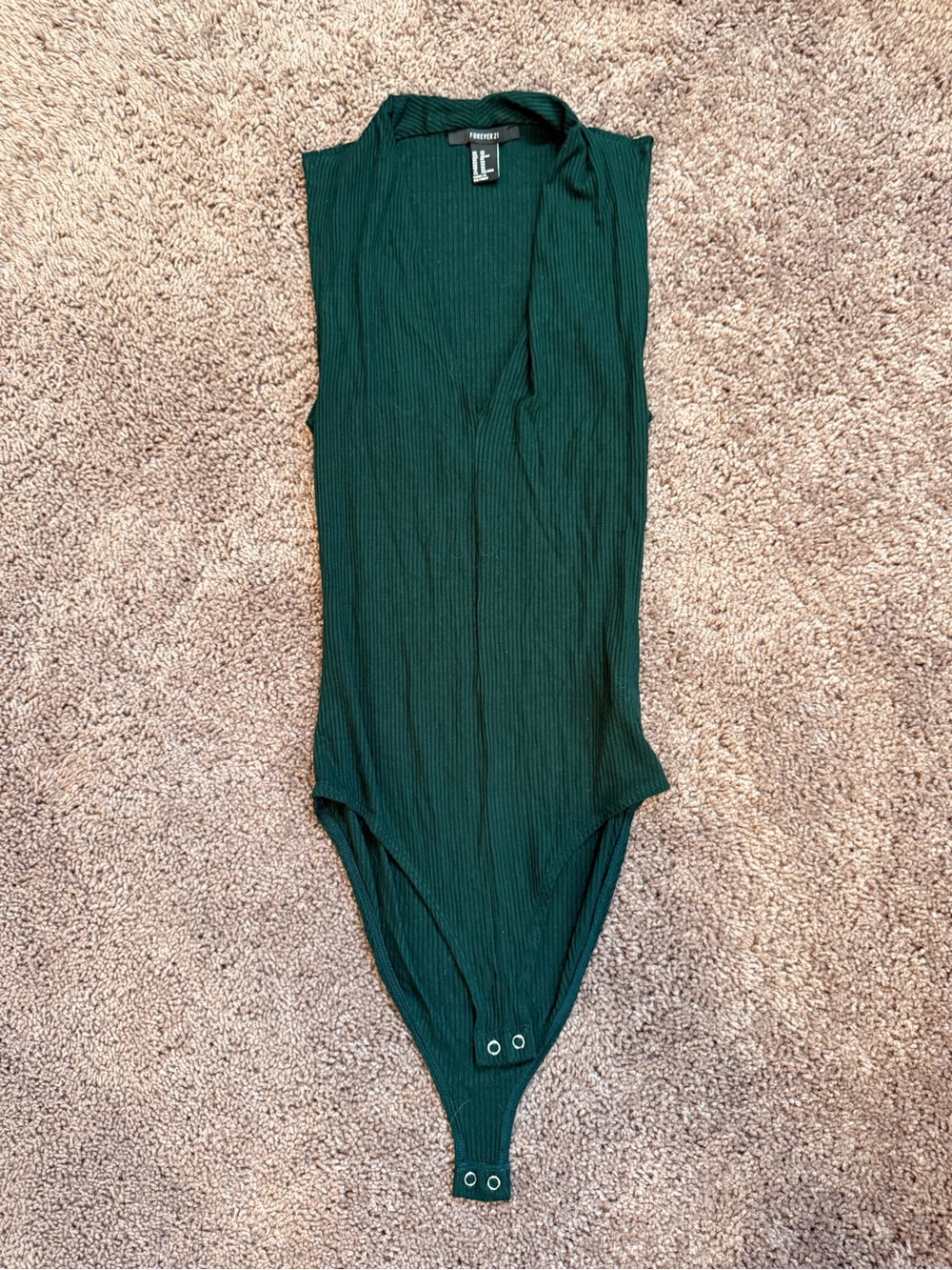 FOREVER 21 Dark Green Deep V Ribbed One-Piece Bodysuit